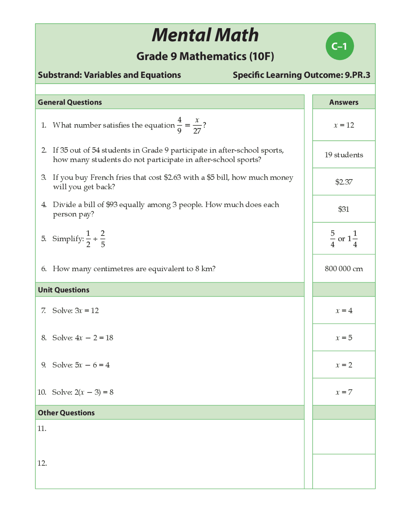 Mental Math_Grade 9 Mathematics | Exams Mathematics | Docsity