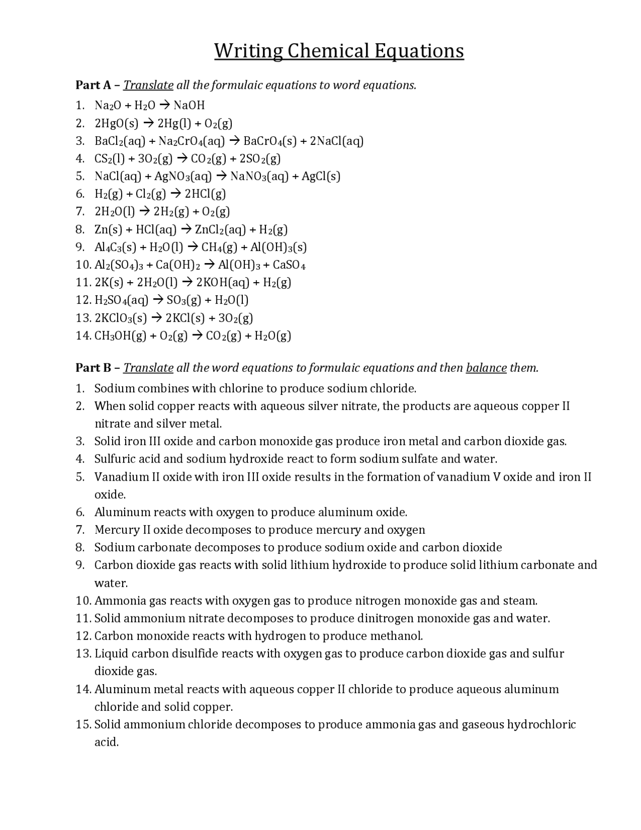 Writing Chemical Equations | Exercises Chemistry | Docsity