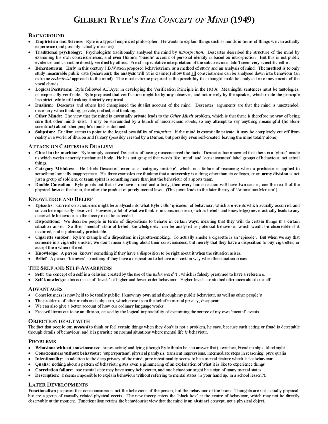 GILBERT RYLE'S THE CONCEPT OF MIND (1949) | Lecture notes Reasoning ...