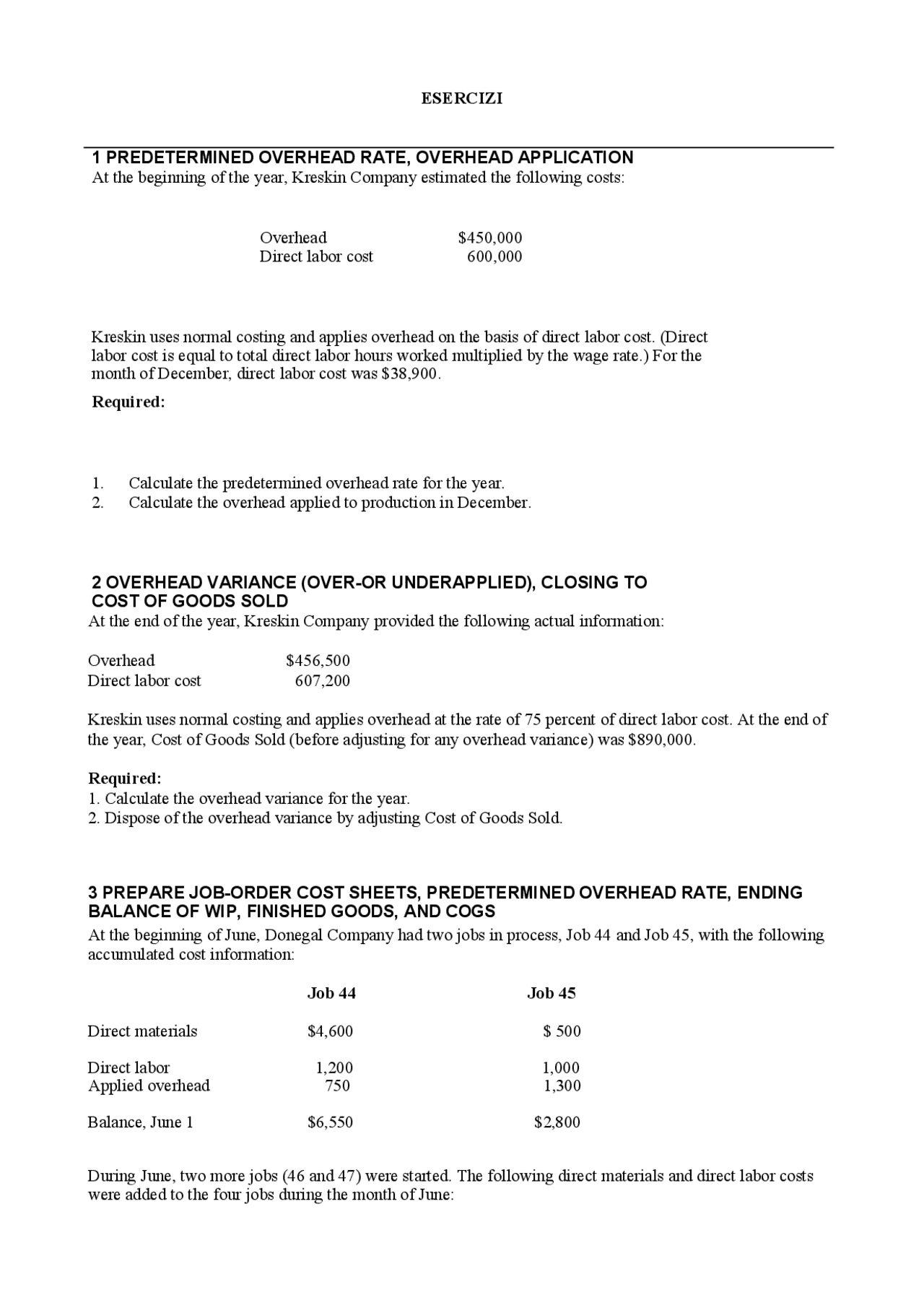 ESERCIZI 1 PREDETERMINED OVERHEAD RATE ... | Lecture notes Accounting ...