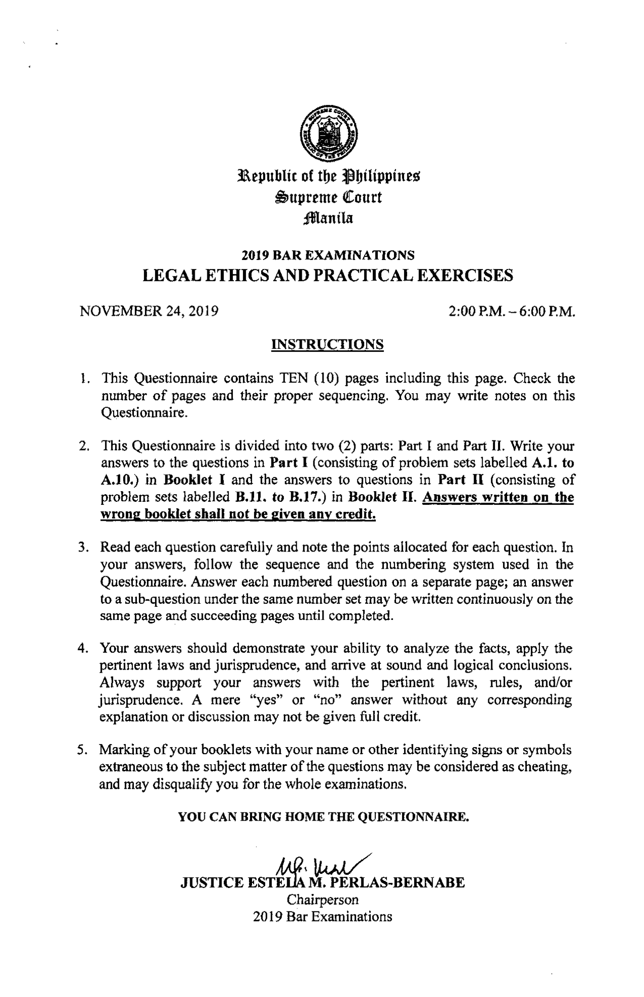 Bar Examinations 2019: Legal Ethics and Practical Exercises | Exercises ...