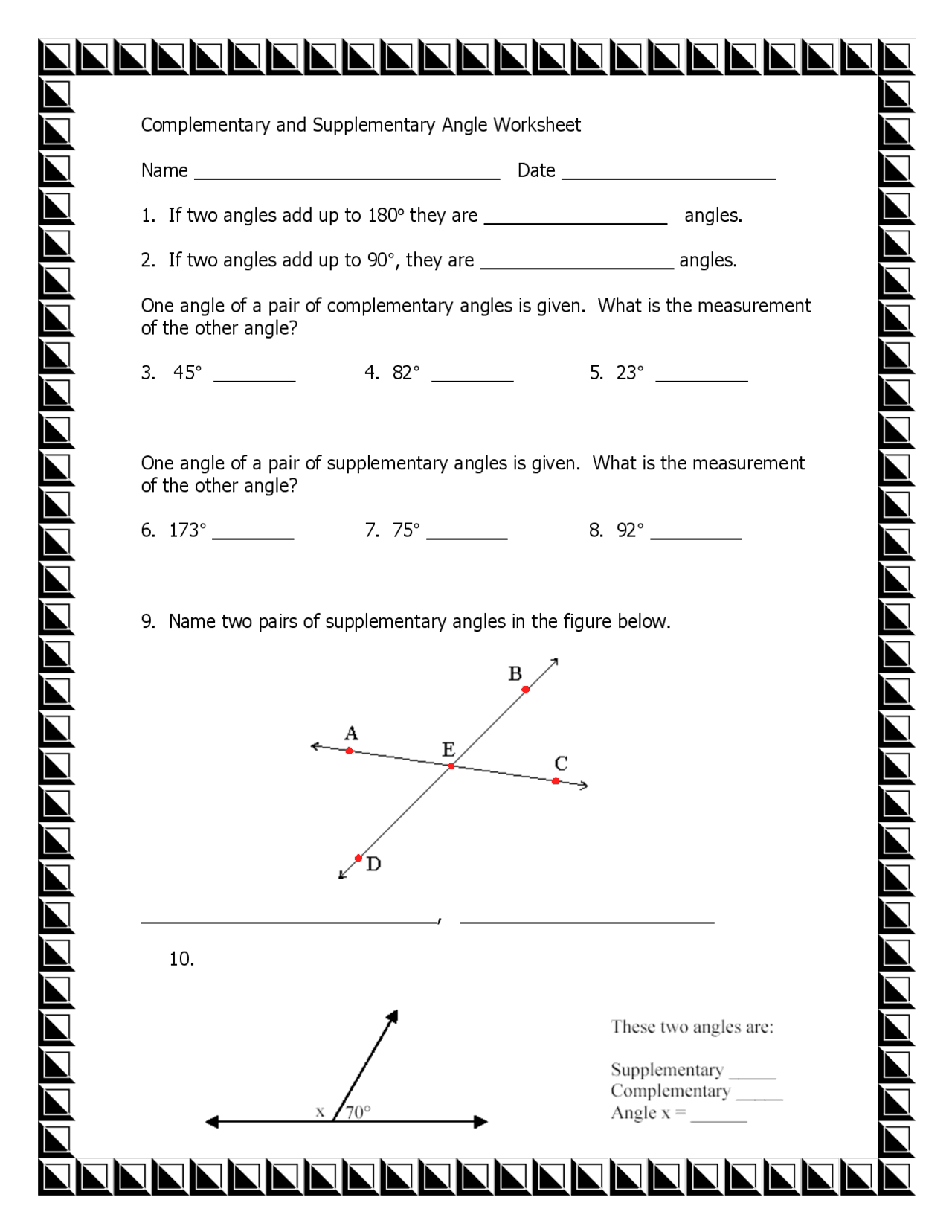 Supplementary Angles Work Sheet Free Complementary And Supplementary