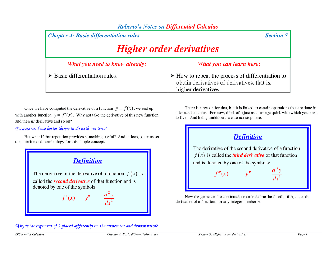 Higher order derivatives | Slides Calculus | Docsity