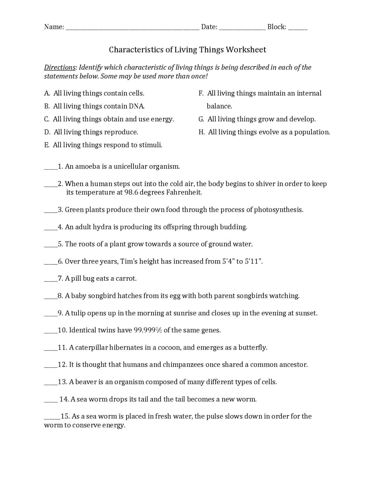 Characteristics of Living Things Worksheet | Study notes Biology | Docsity Characteristics of Living Things Worksheet | Study notes Biology | Docsity