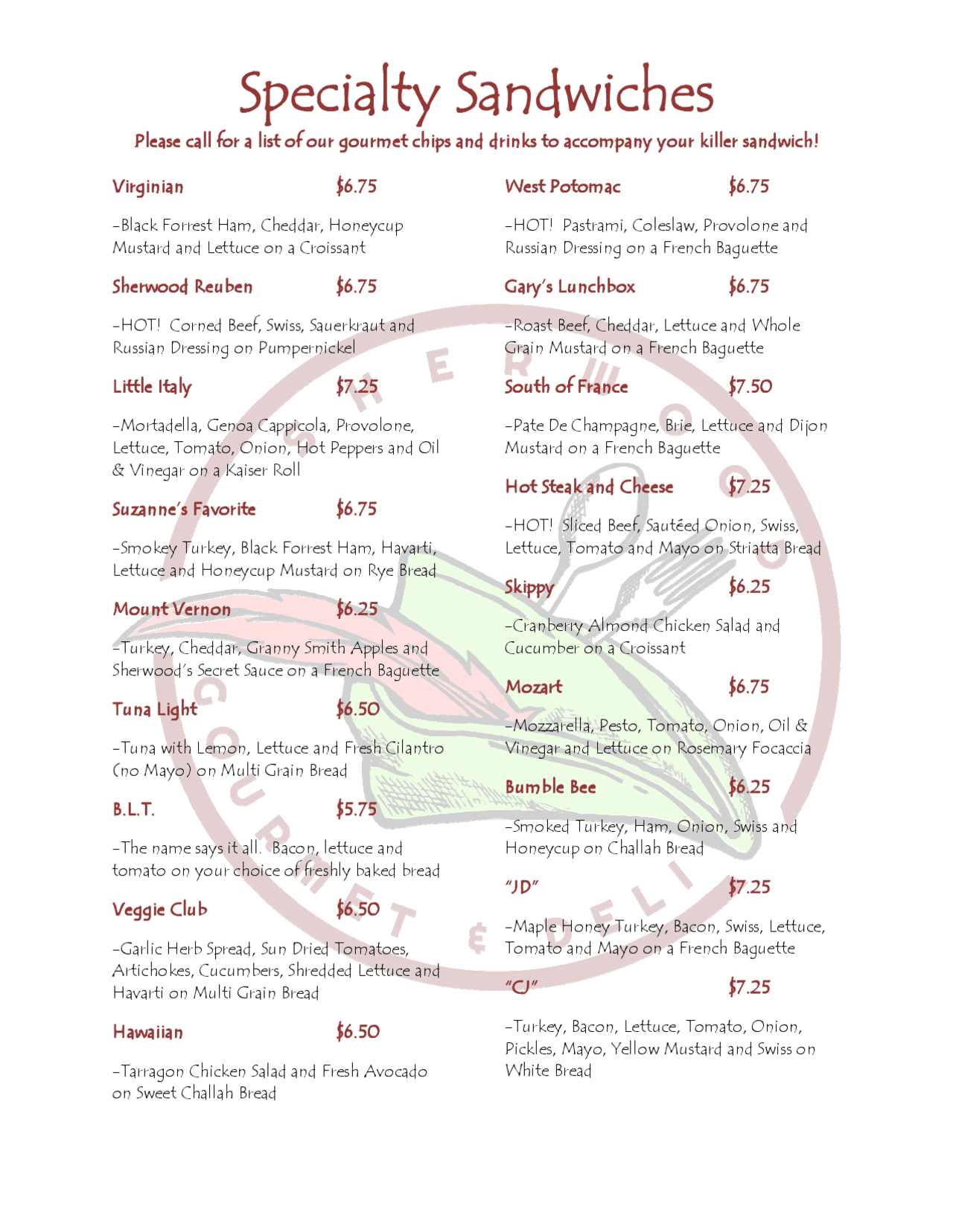 Specialty Sandwiches Study notes French Language Docsity