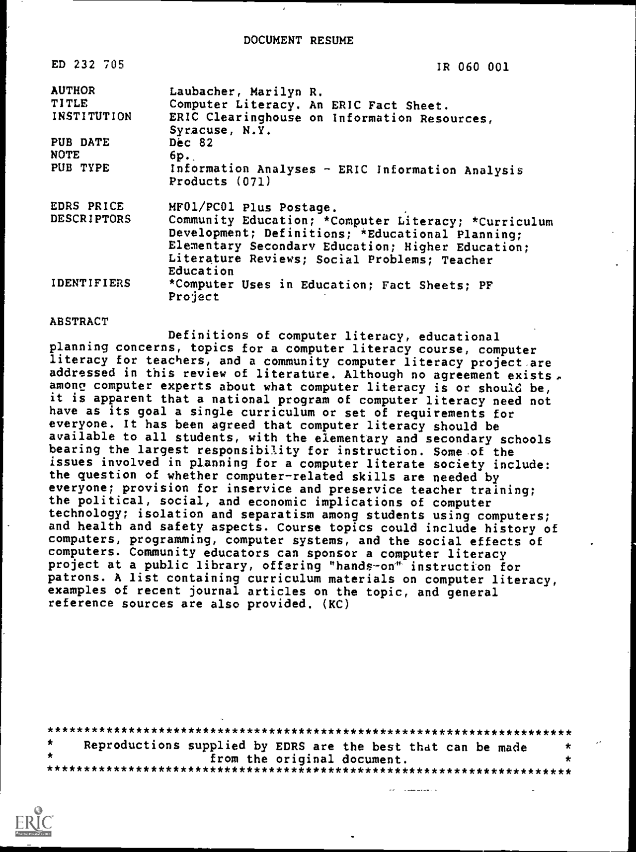 Eric Notebook.pdf Computer Literacy. An ERIC Fact Sheet. ERIC Clearinghouse ... | Schemes ...