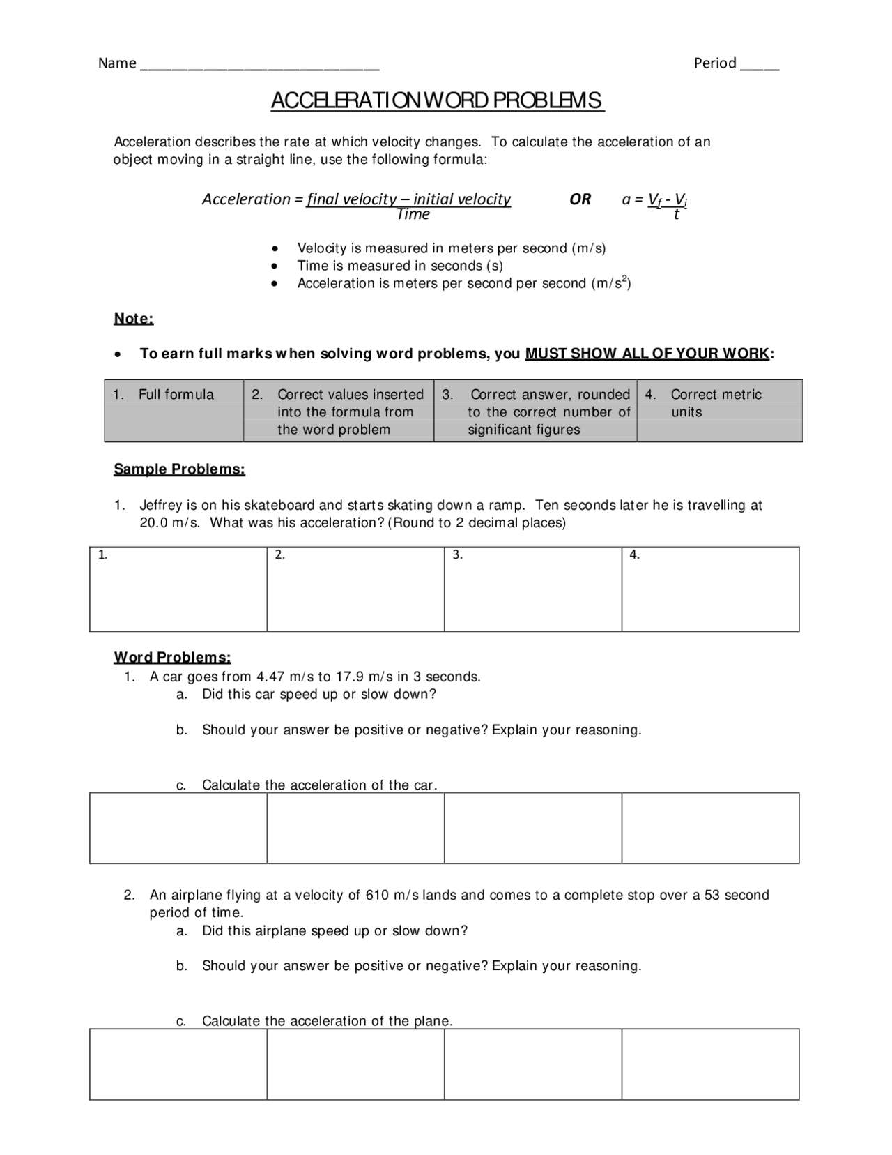 ACCELERATION WORD PROBLEMS | Study notes Reasoning | Docsity