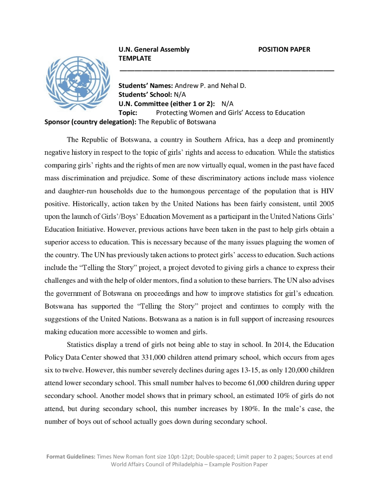 UN General Assembly POSITION PAPER TEMPLATE | Assignments Statistics ...