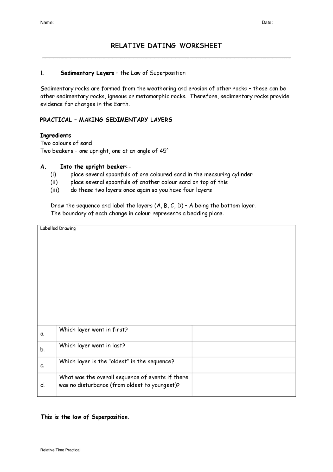 RELATIVE DATING WORKSHEET | Exercises Law | Docsity