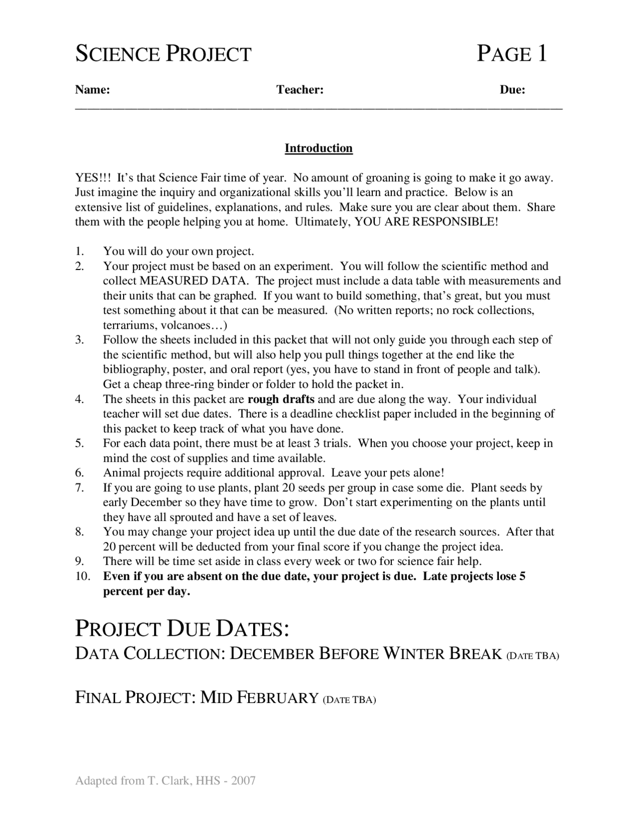 SCIENCE PROJECT PAGE 1 PROJECT DUE DATES: | Exercises English Philology ...