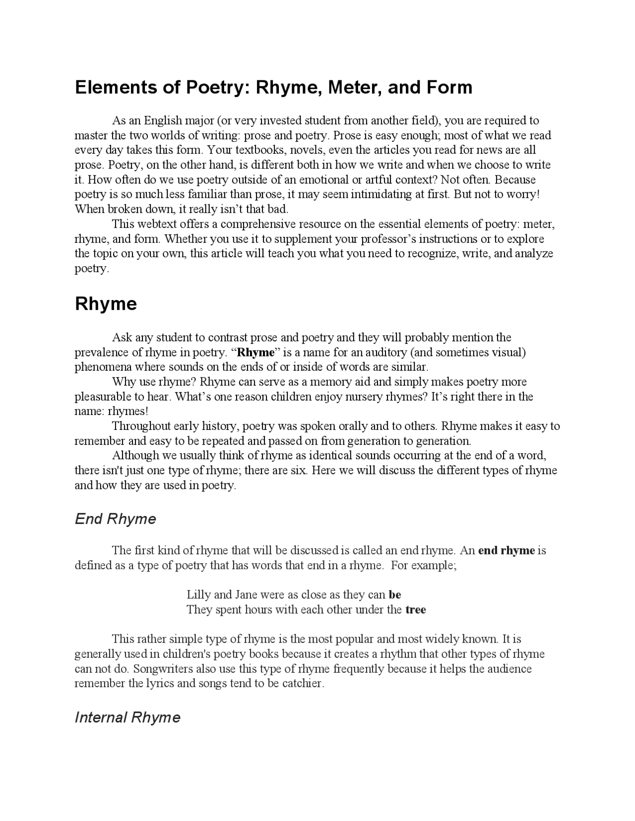 Poetry Document Elements of Poetry: Rhyme, Meter, and Form | Summaries Poetry | Docsity