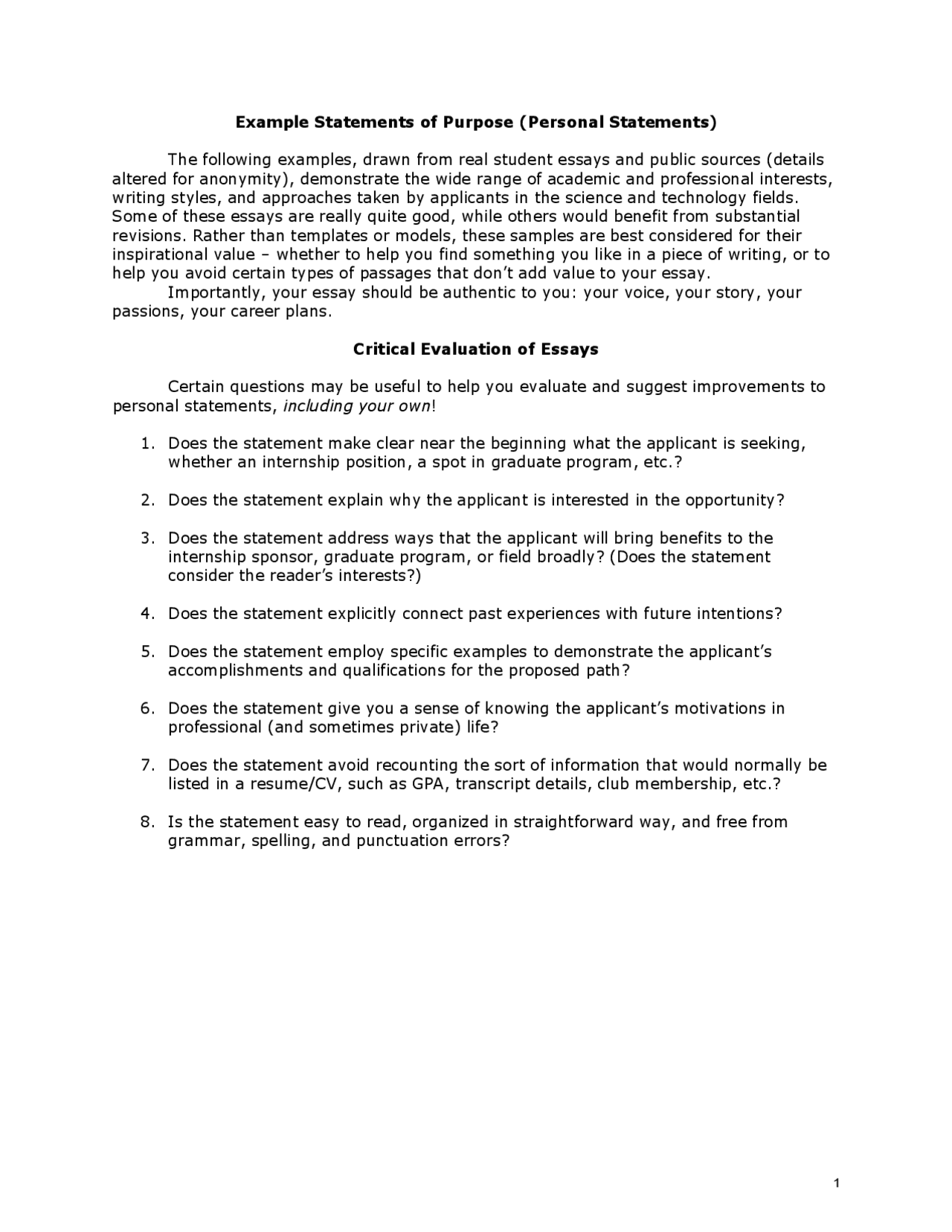 Example Statements of Purpose (Personal Statements) The ... | Exercises ...