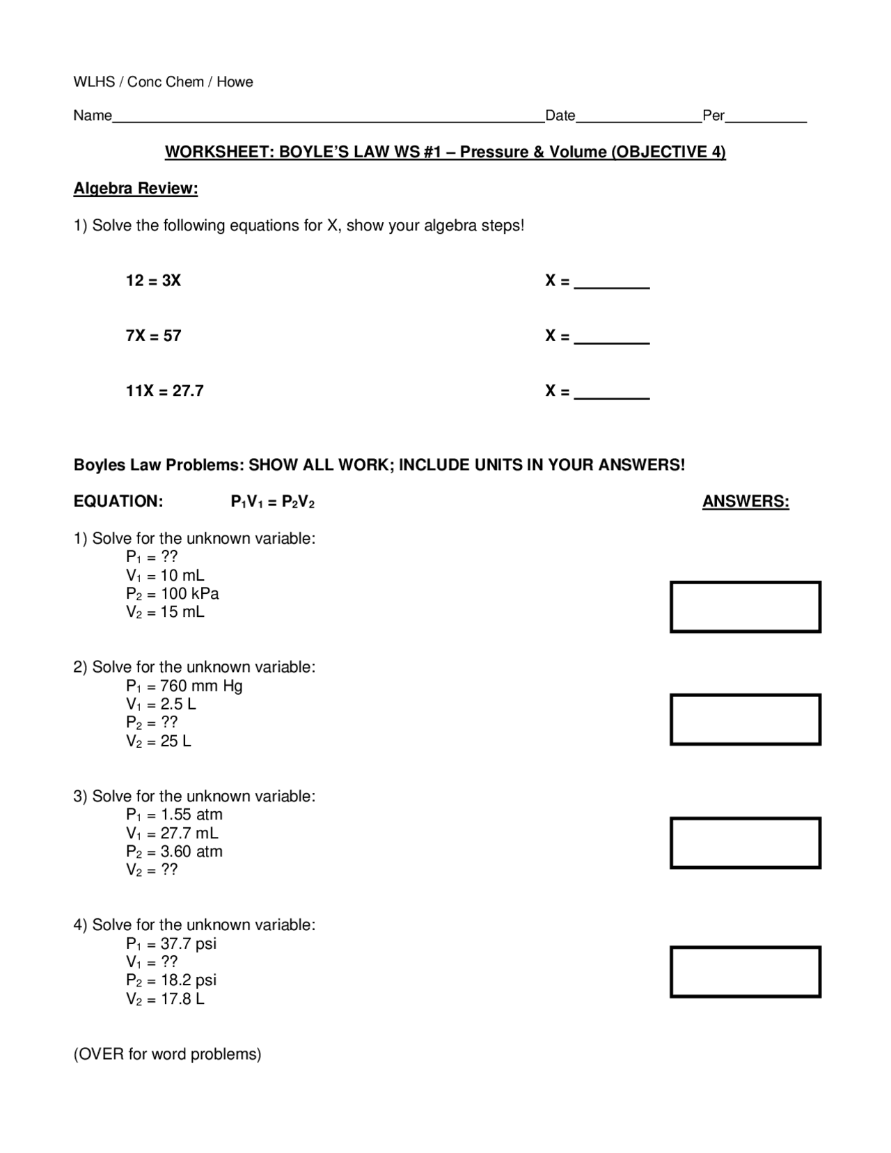 WORKSHEET BOYLE'S LAW WS 1 Pressure & Volume Summaries Law