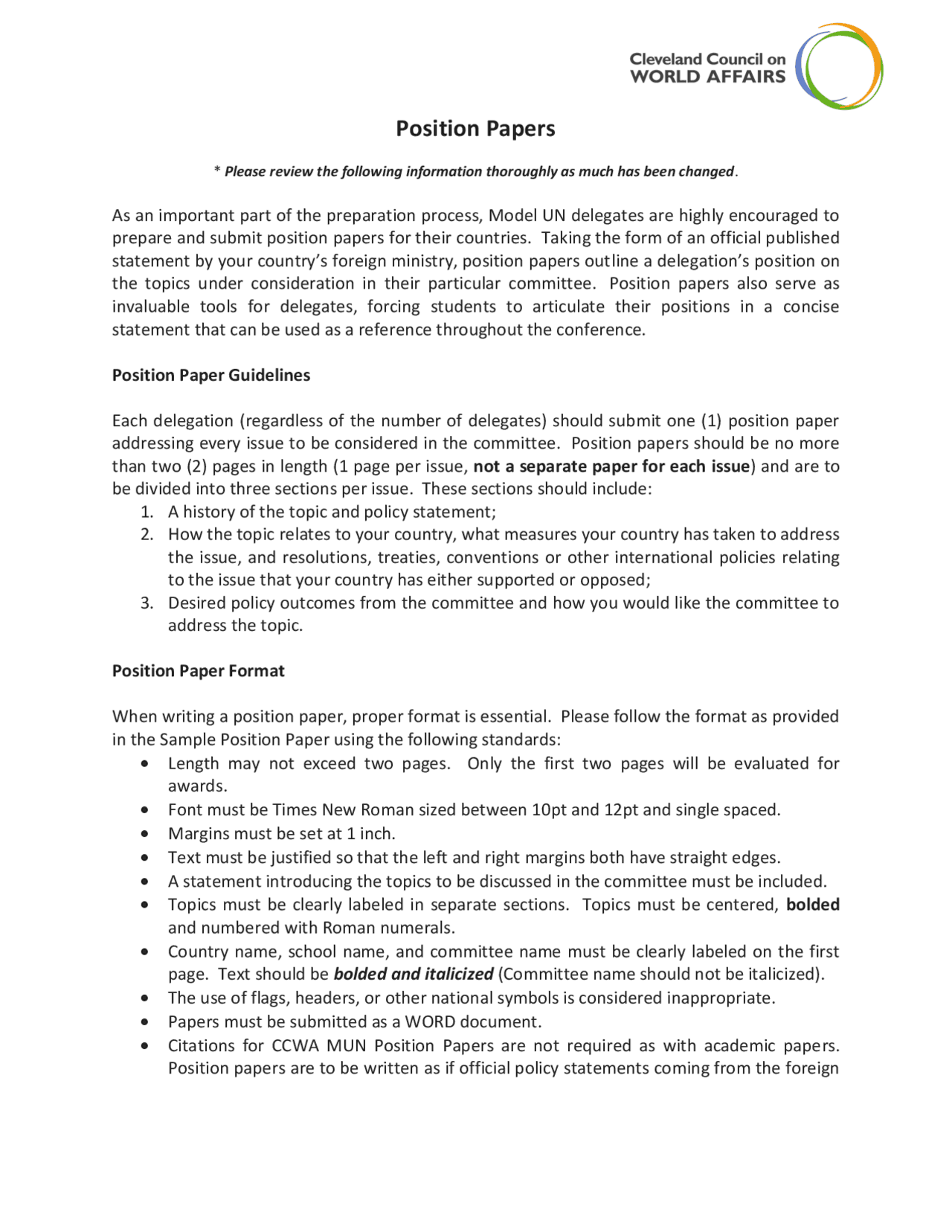 Position Papers | Study Guides, Projects, Research History | Docsity