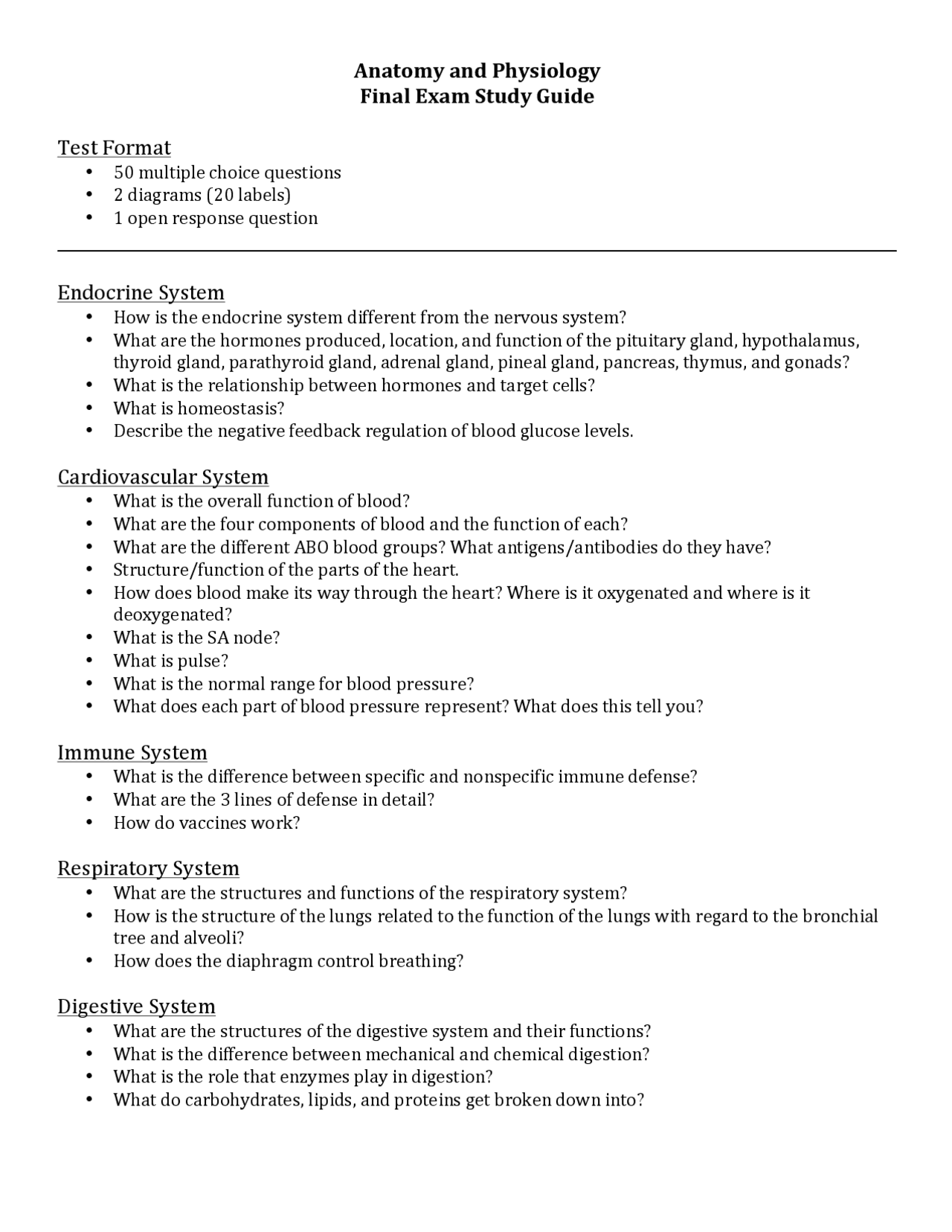 Anatomy and Physiology Final Exam Study Guide Test Format | Assignments ...