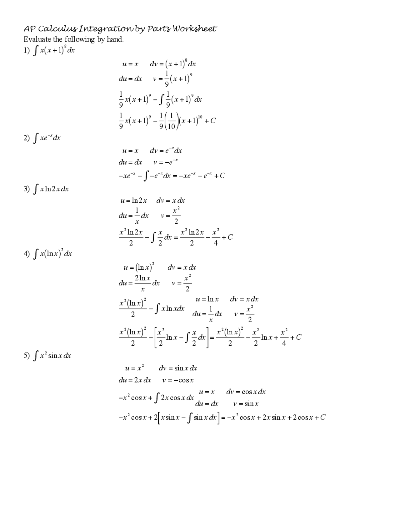 Ap calculus integration by parts worksheet key.pdf Study notes