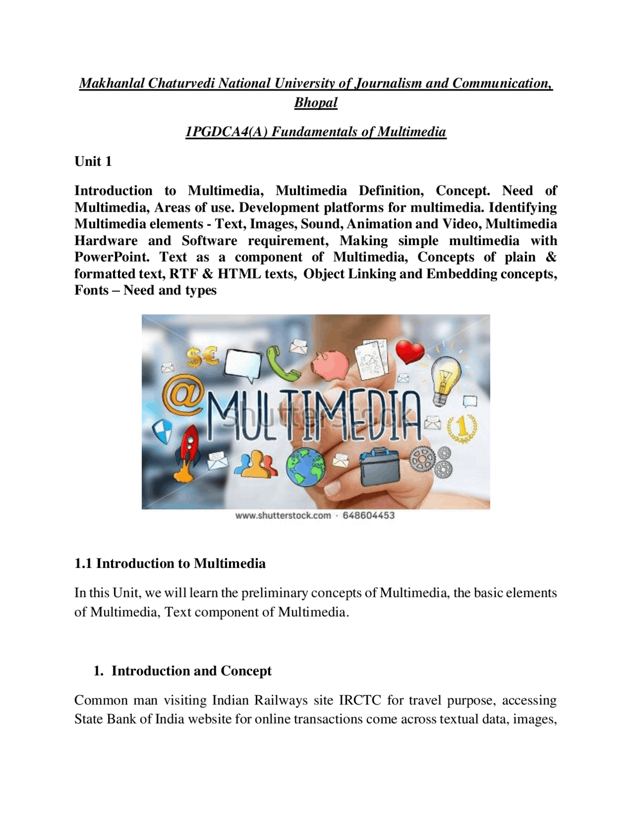 1PGDCA4(A) Fundamentals of Multimedia Unit 1 Introduction ... | Exams ...