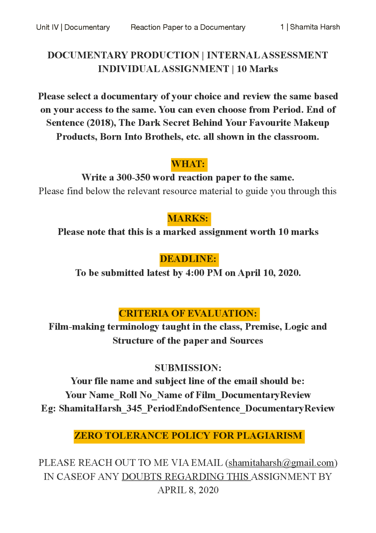 Documentary Introduction Paper Documentary Reaction Paper Assignment-Sem 4-BA(H ... | Study notes ...