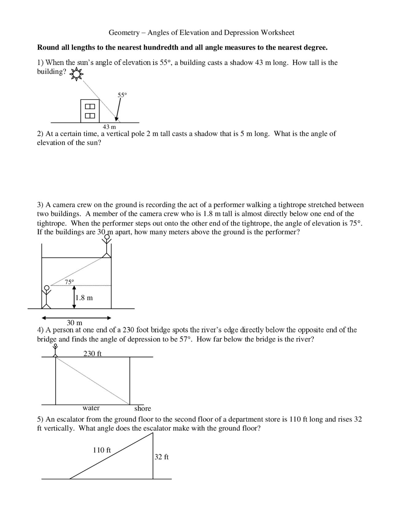 Angles of Elevation and Depression Worksheet Study notes Geometry