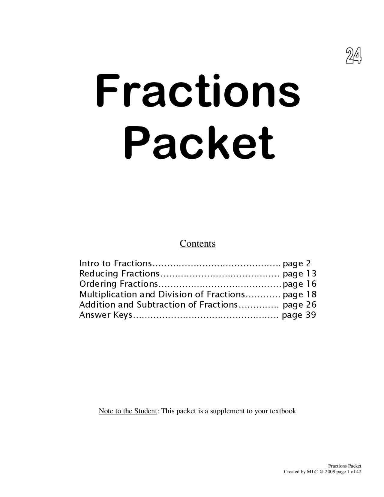 Fractions Packet | Study Guides, Projects, Research Mathematics | Docsity