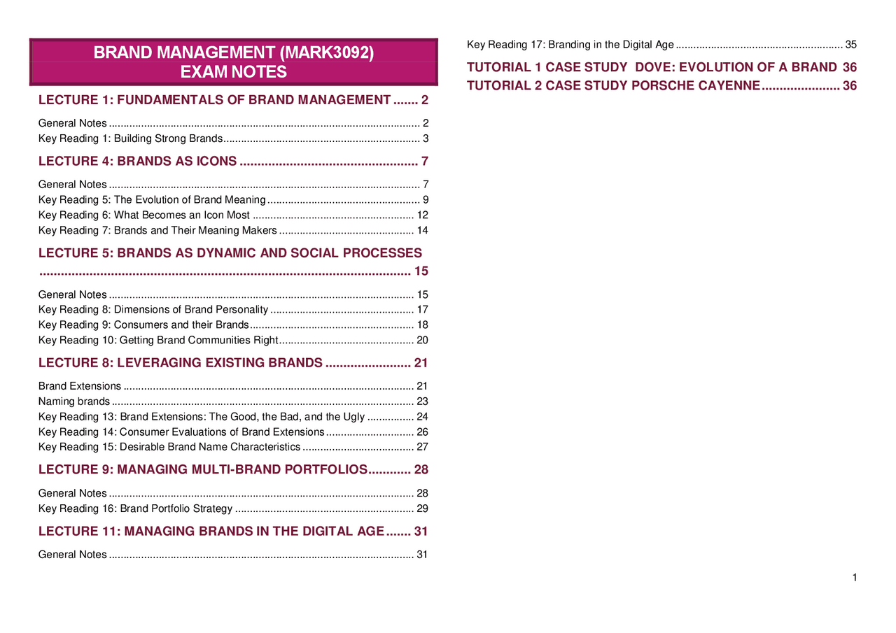 BRAND MANAGEMENT (MARK3092) EXAM NOTES | Study notes Brand Management ...