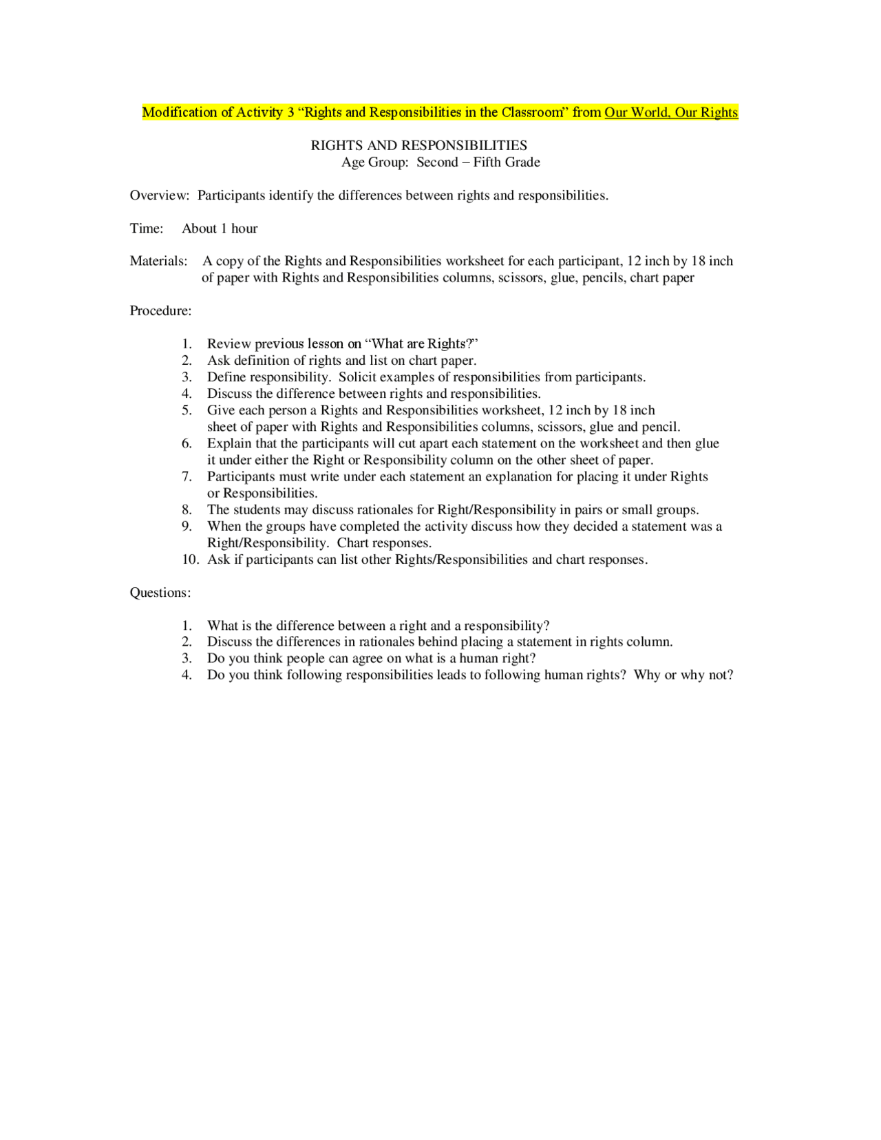 RIGHTS AND RESPONSIBILITIES | Exercises Human Rights | Docsity