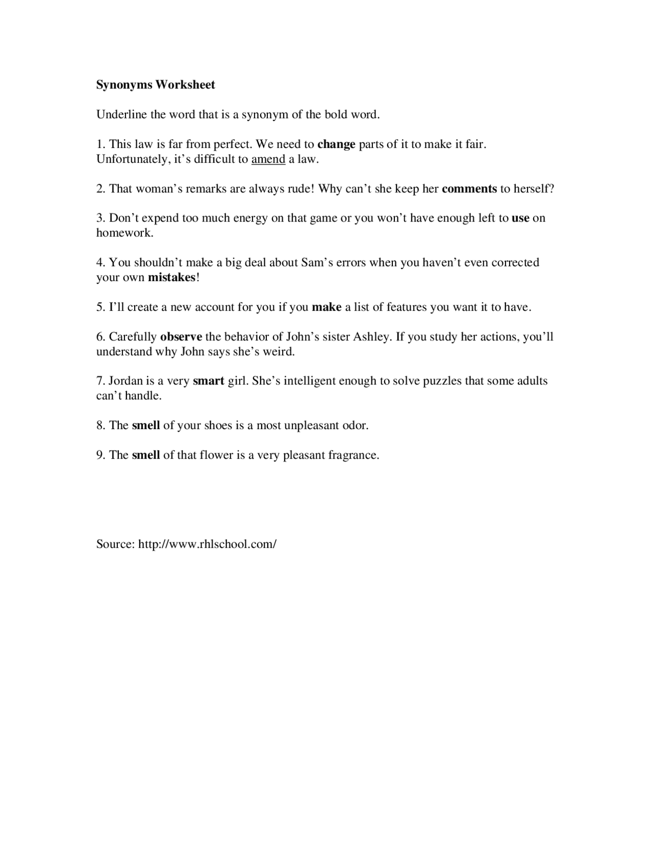 Synonyms Worksheet Exercises Law Docsity