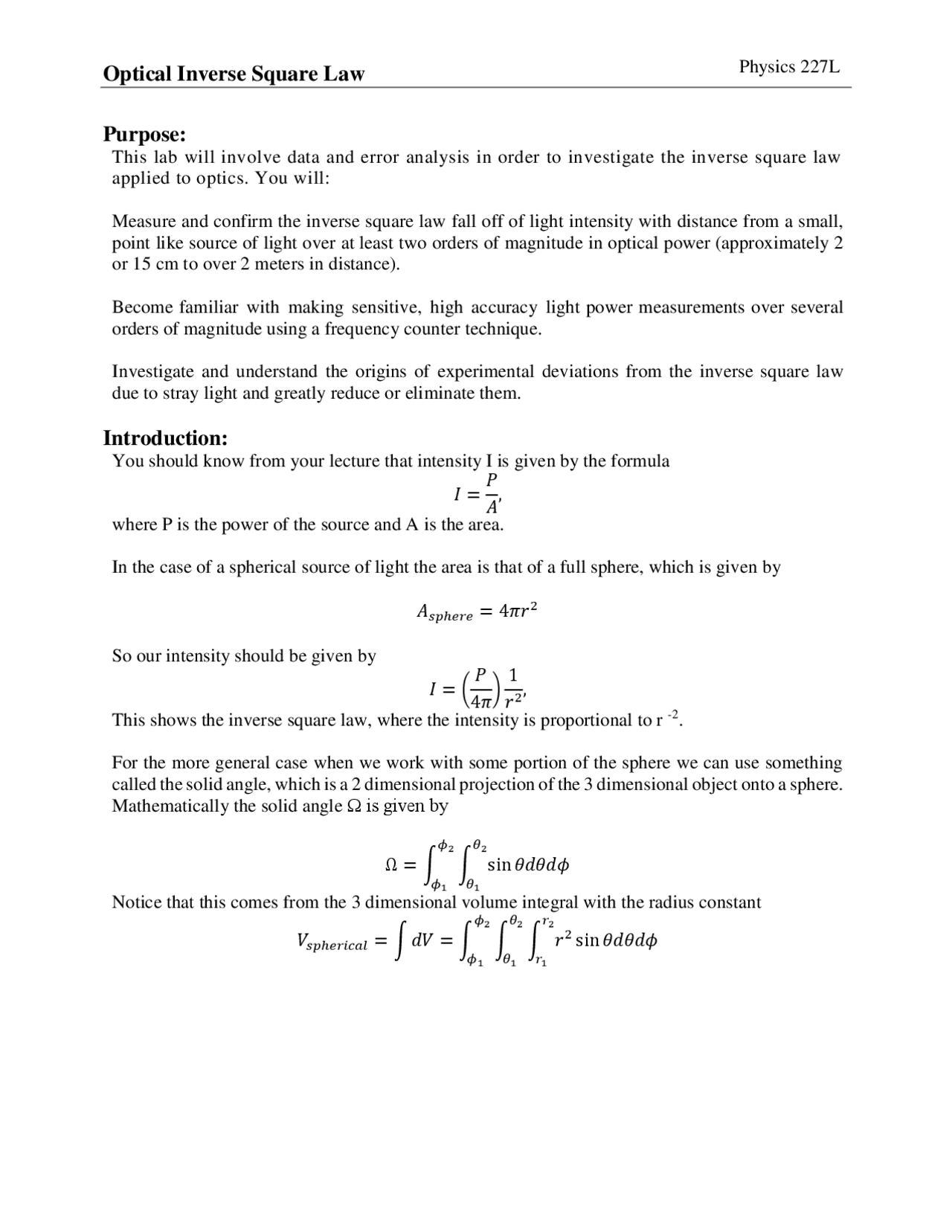 Optical Inverse Square Law Purpose: Introduction: | Summaries Law | Docsity