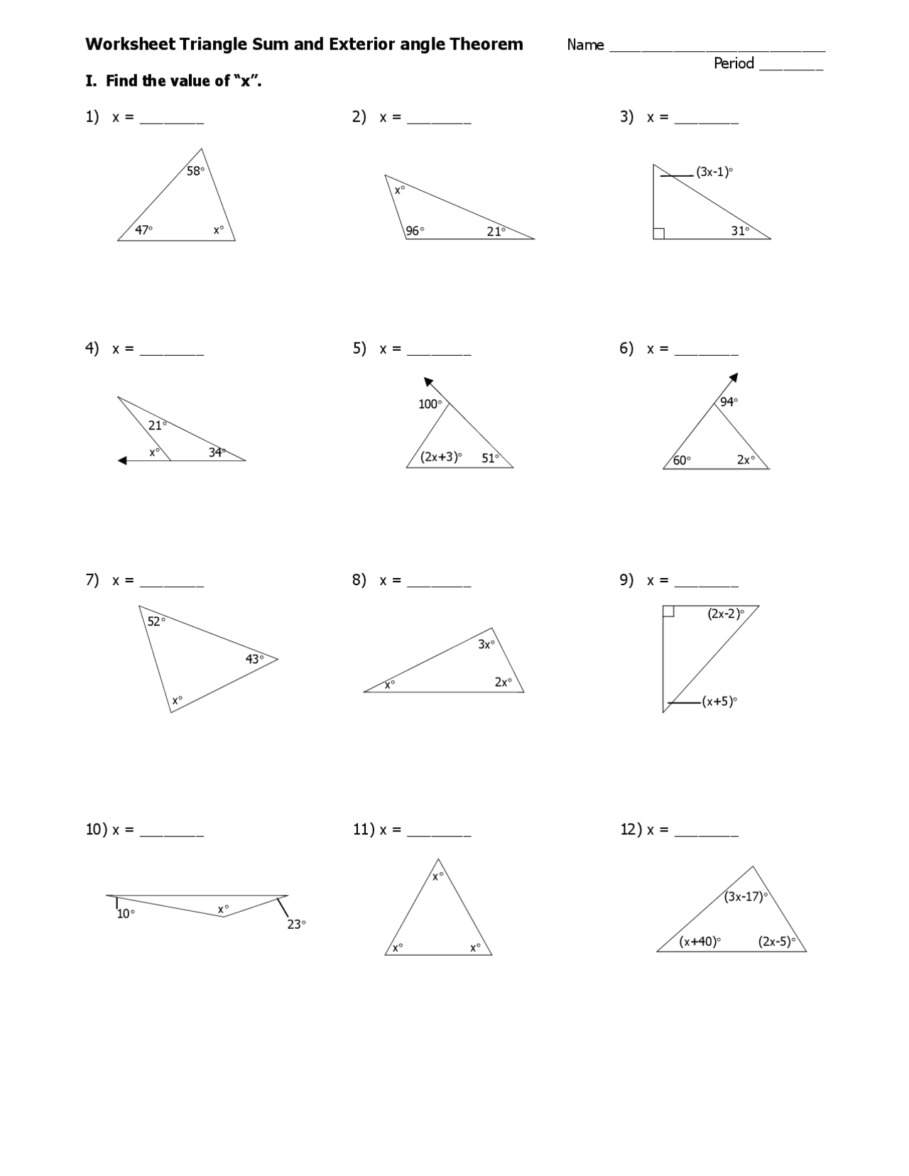 Worksheet Triangle Sum and Exterior angle Theorem | Slides Geometry |  Docsity