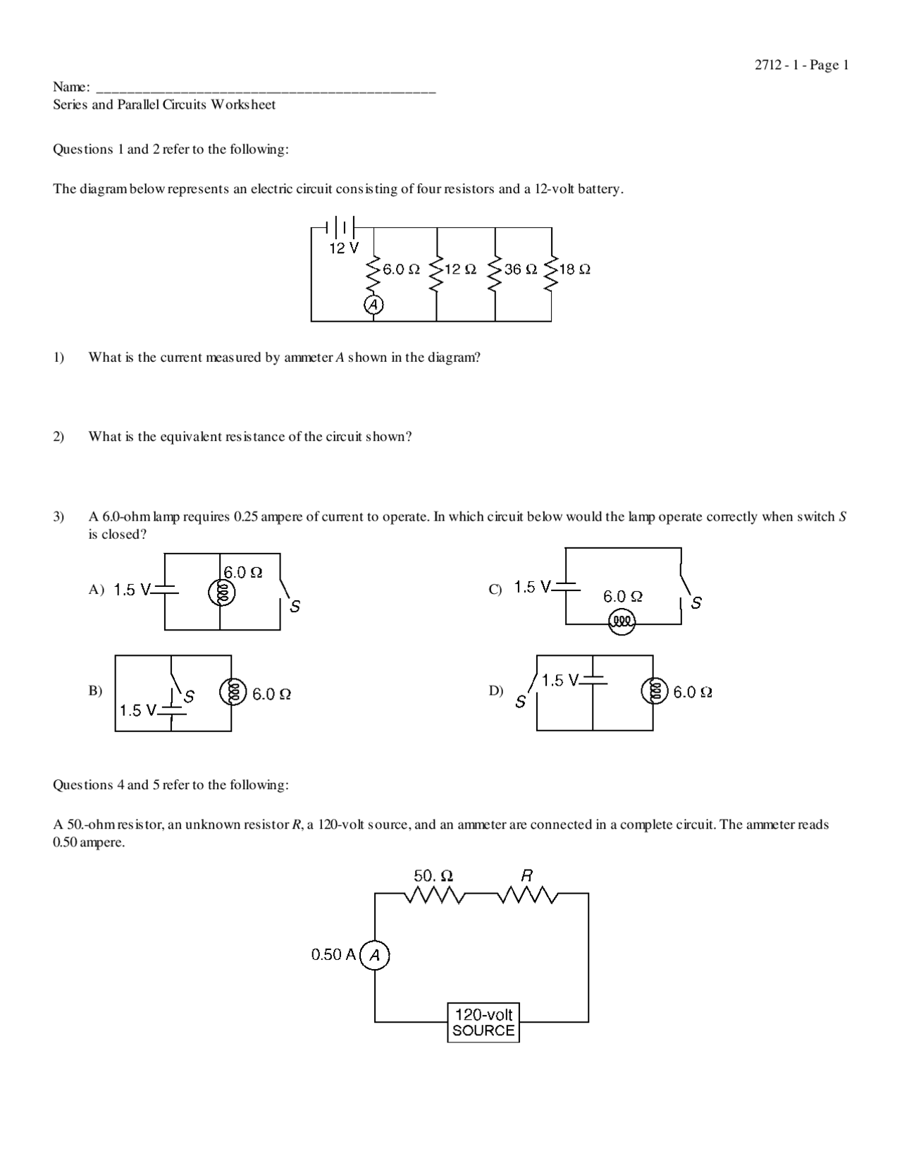 Series and Parallel Circuits Worksheet Questions 1 and 2 ... | Study ...