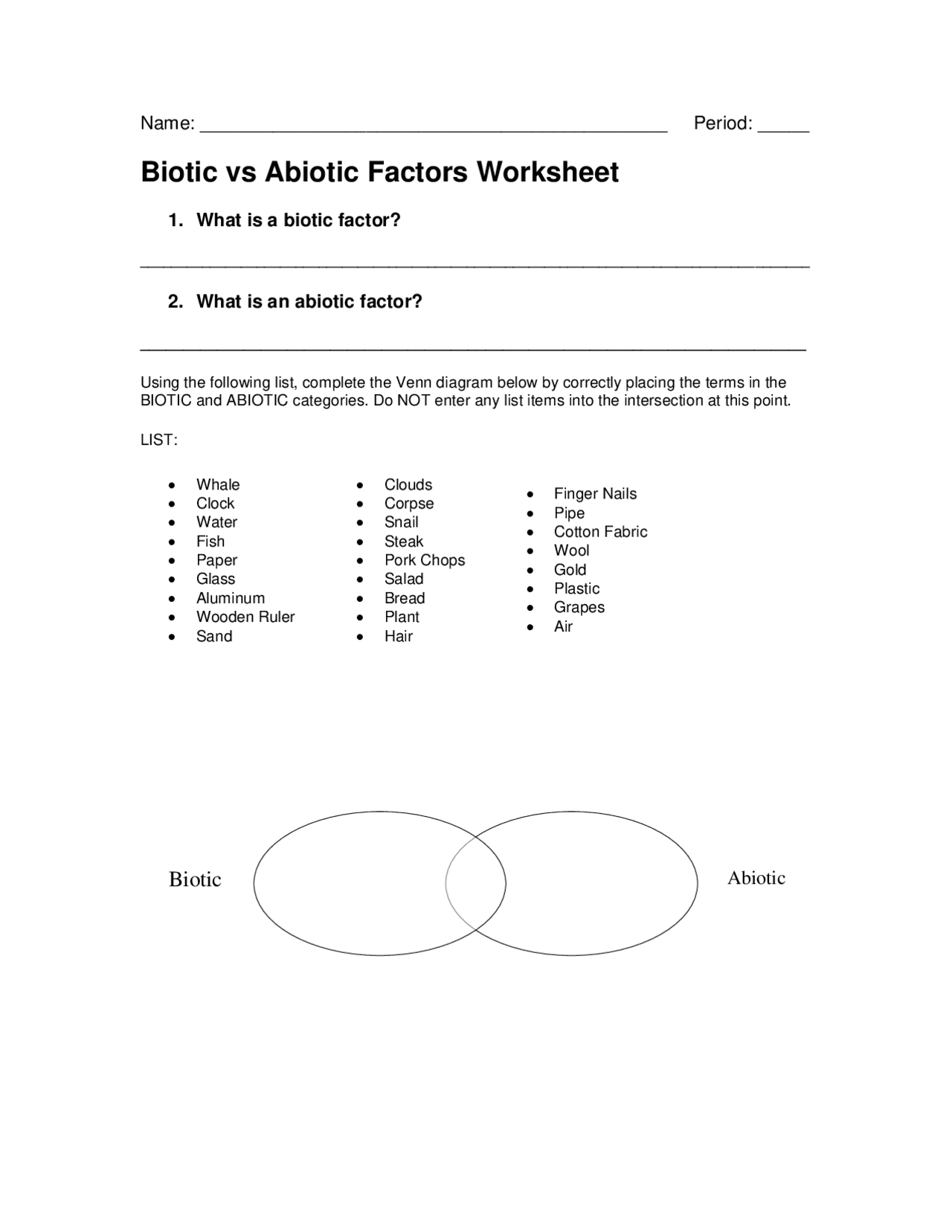 Abiotic vs biotic factors worksheet.pdf | Study notes Ecosystem