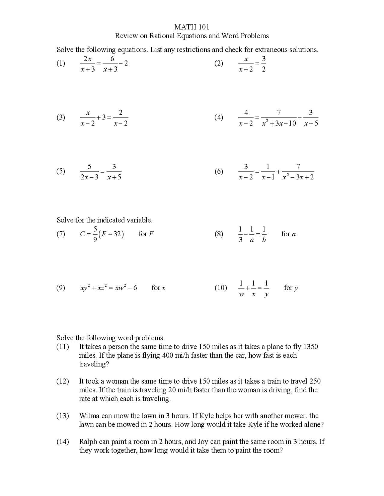 MATH 101 Review on Rational Equations and Word Problems ... | Summaries ...