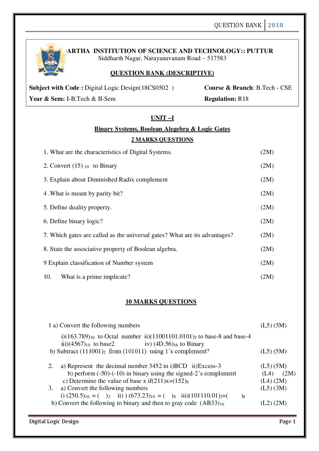 18cs0502-dld.pdf | Study Guides, Projects, Research Digital Electronics ...