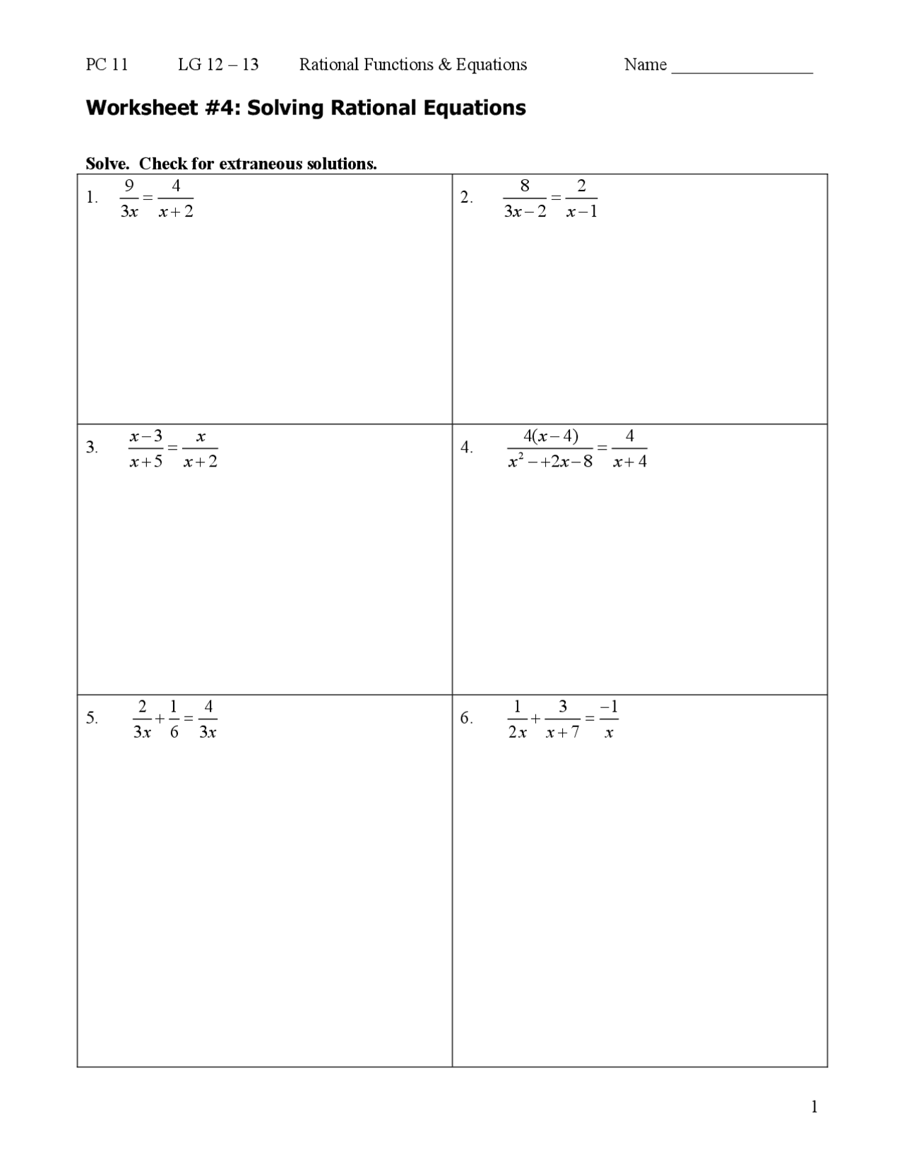 Rational Equations Worksheet