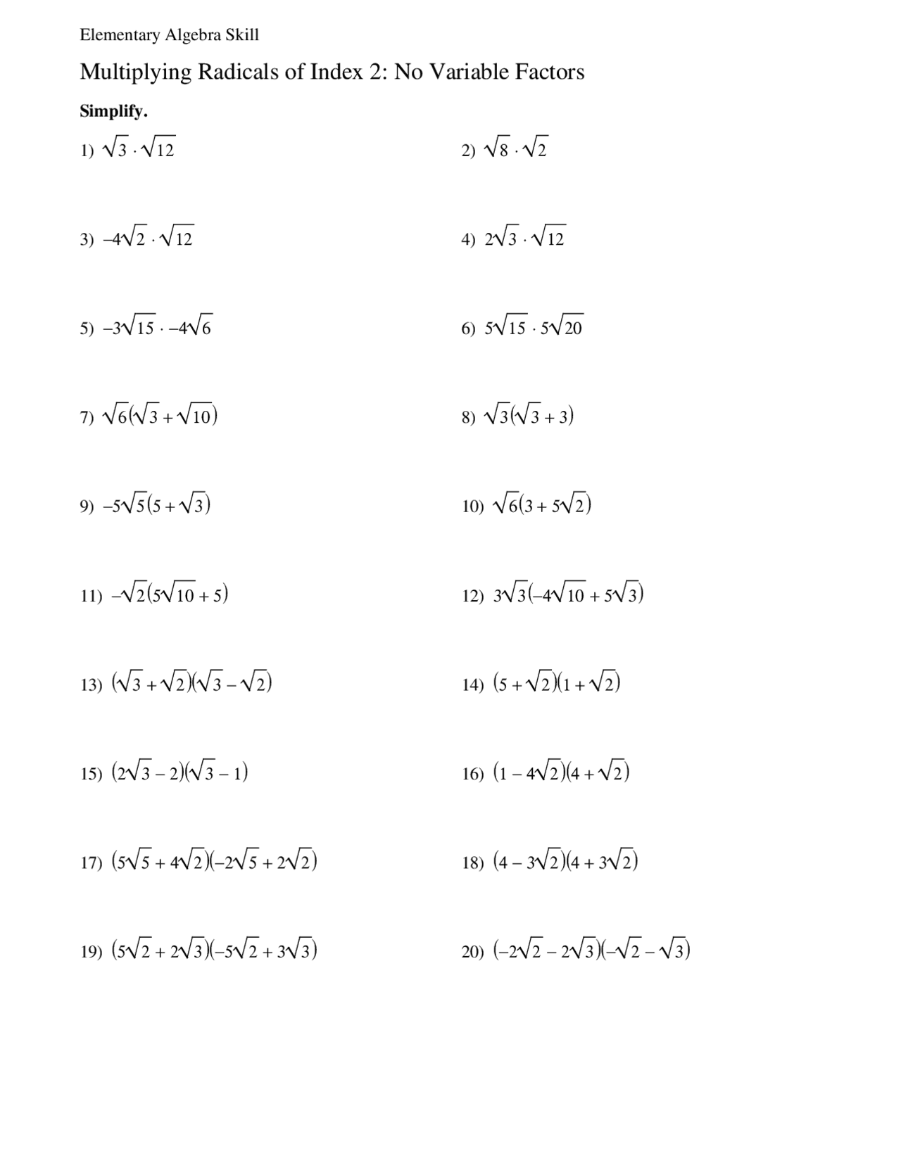 Simplifying Algebraic Calculations: Radical Multiplication, No Variable ...