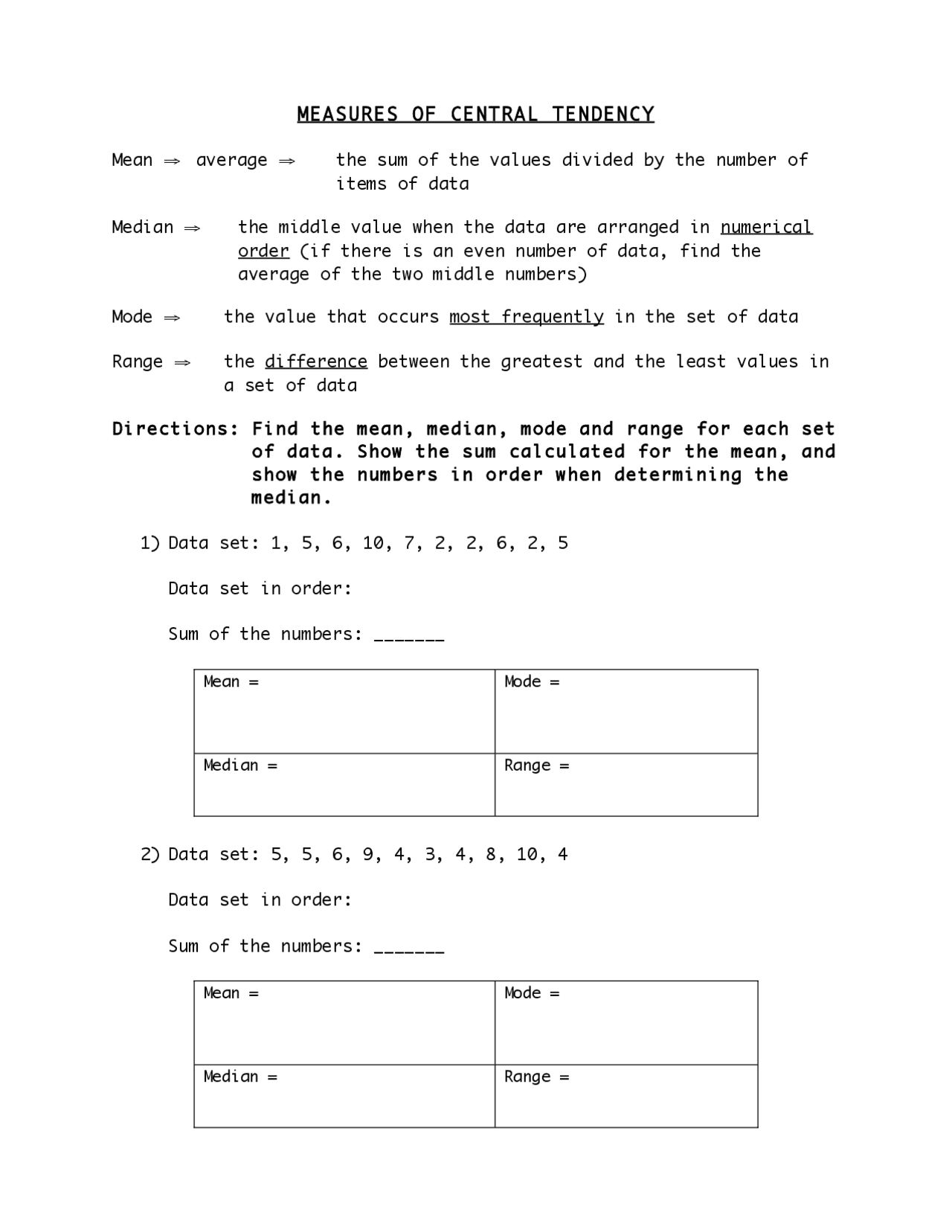 Central tendency worksheet.pdf | Lecture notes Statistics | Docsity