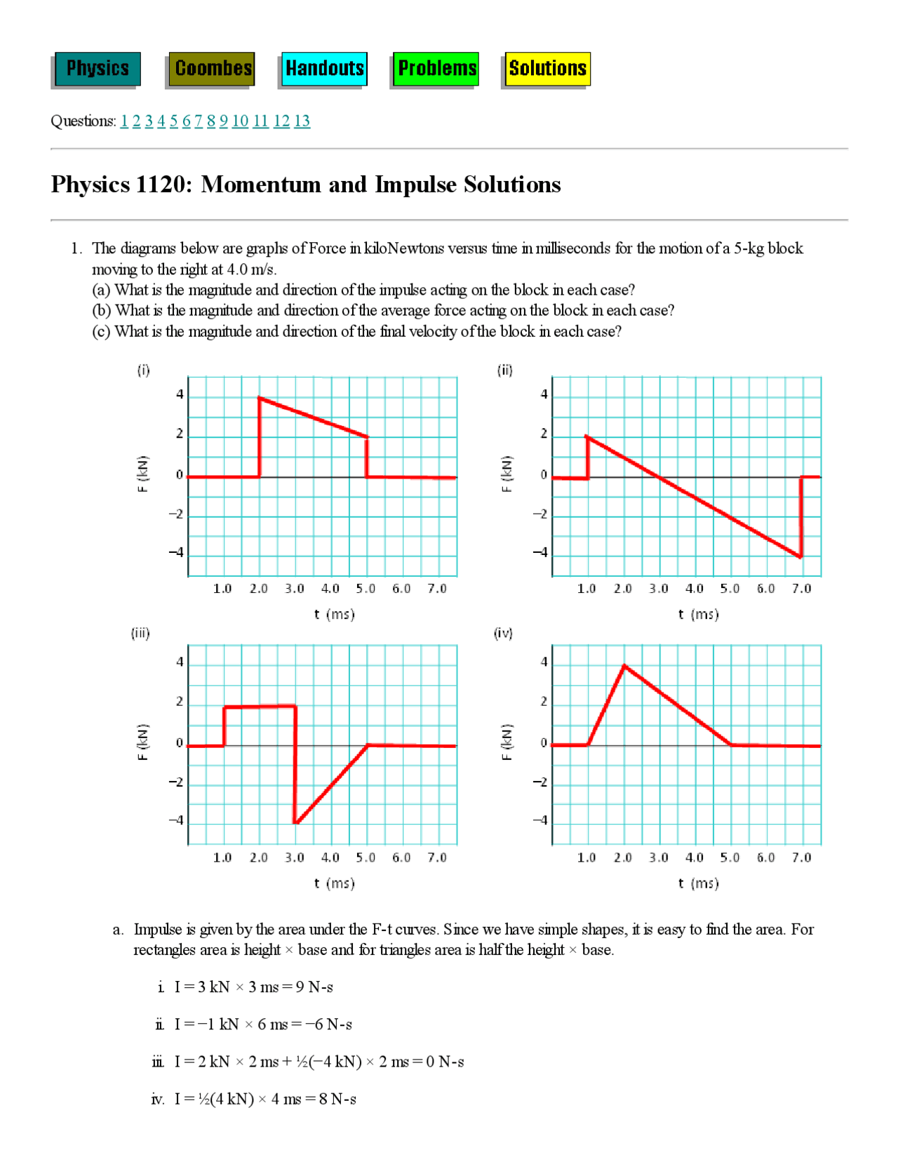 Physics 1120: Momentum and Impulse Solutions | Study notes Physics ...