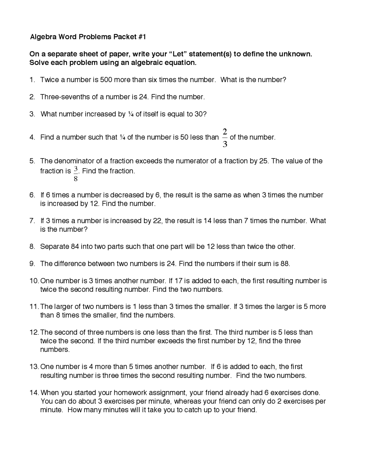 Algebra Word Problems Packet #1 On a separate sheet of ... | Exams ...