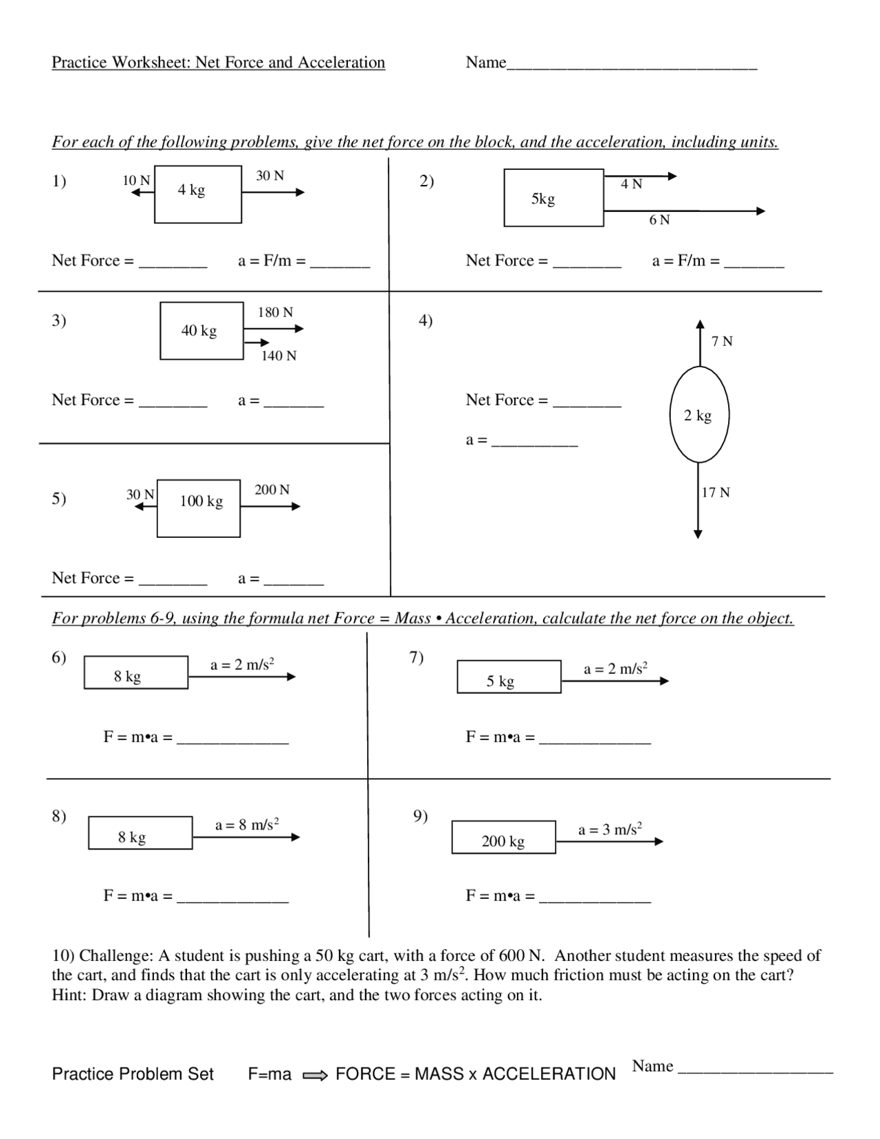 Practice Worksheet: Net Forces and Acceleration | Study Guides, Projects,  Research Law | Docsity
