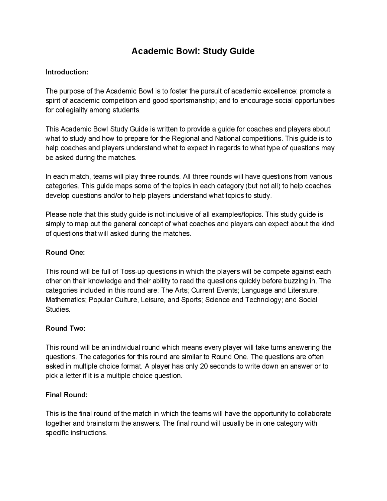 Academic Bowl Study Guide Study notes History Docsity