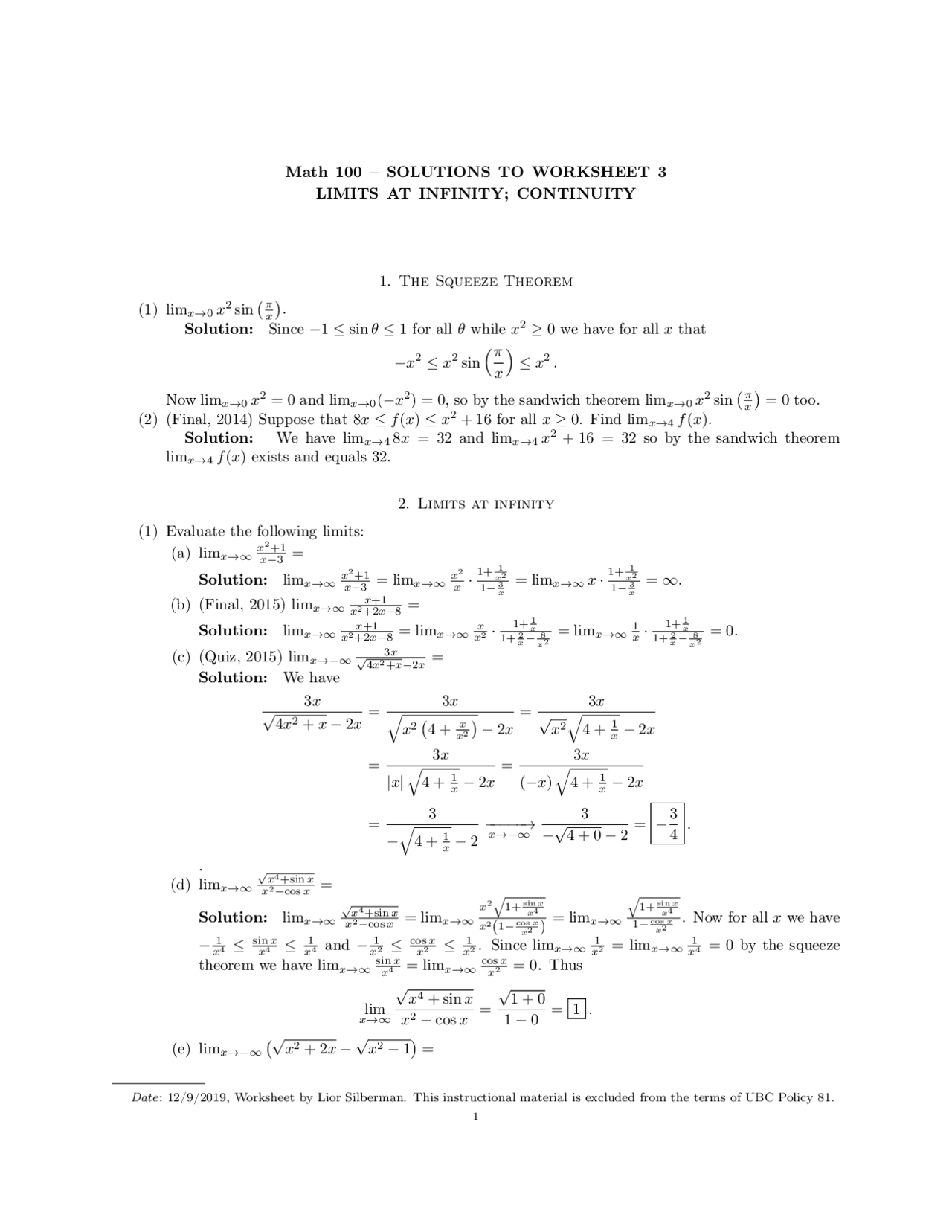 SOLUTIONS TO WORKSHEET 3 LIMITS AT INFINITY ... | Study notes Calculus ...