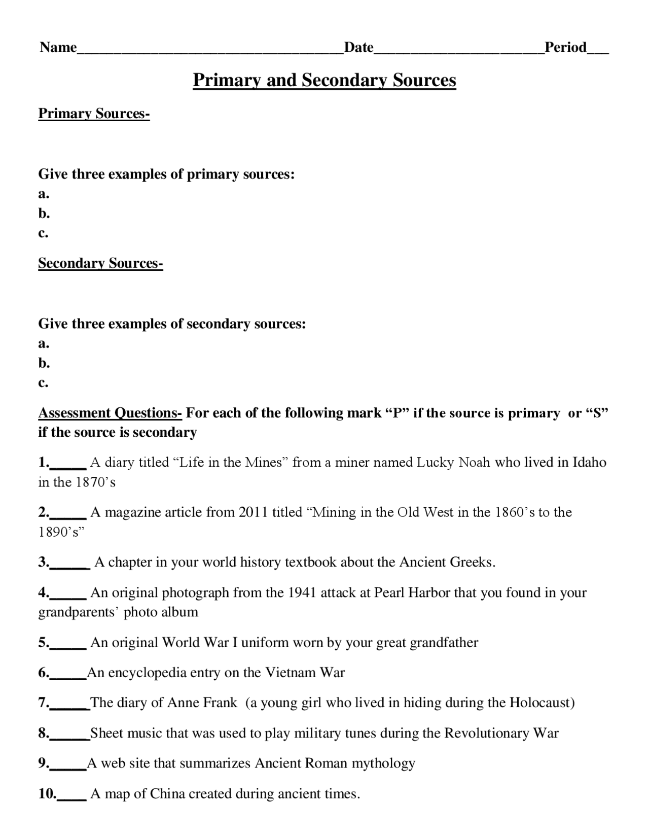 Primary and Secondary Source Worksheet Key | Slides World History | Docsity