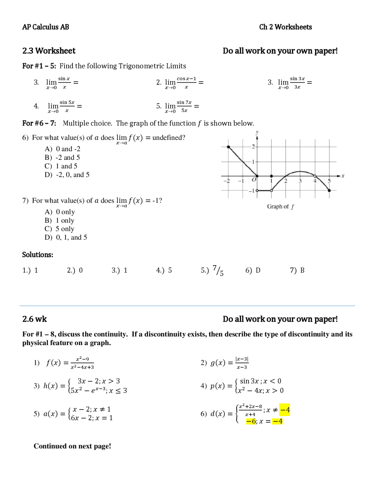 AP Calculus AB Ch 2 Worksheets | Study notes Calculus | Docsity