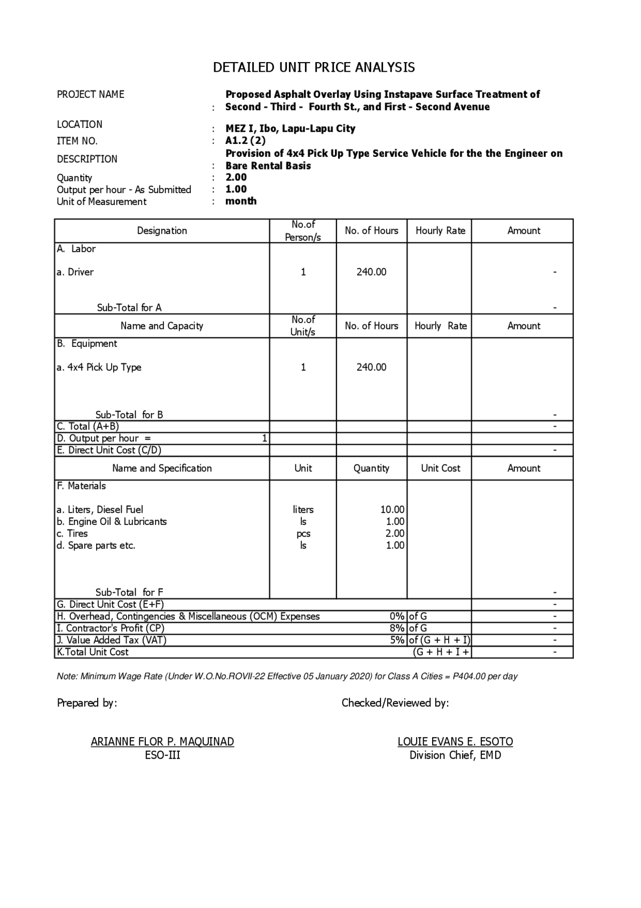 DETAILED UNIT PRICE ANALYSIS | Exercises Construction | Docsity