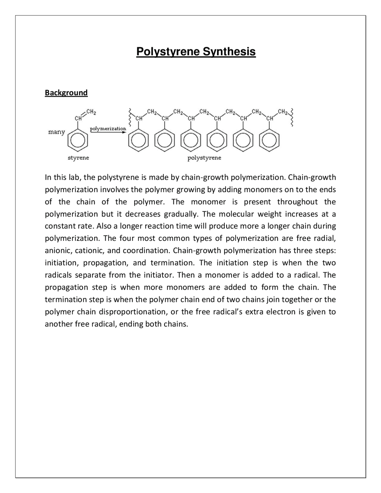 Polystyrene Synthesis | Summaries Chemical Experimentation | Docsity