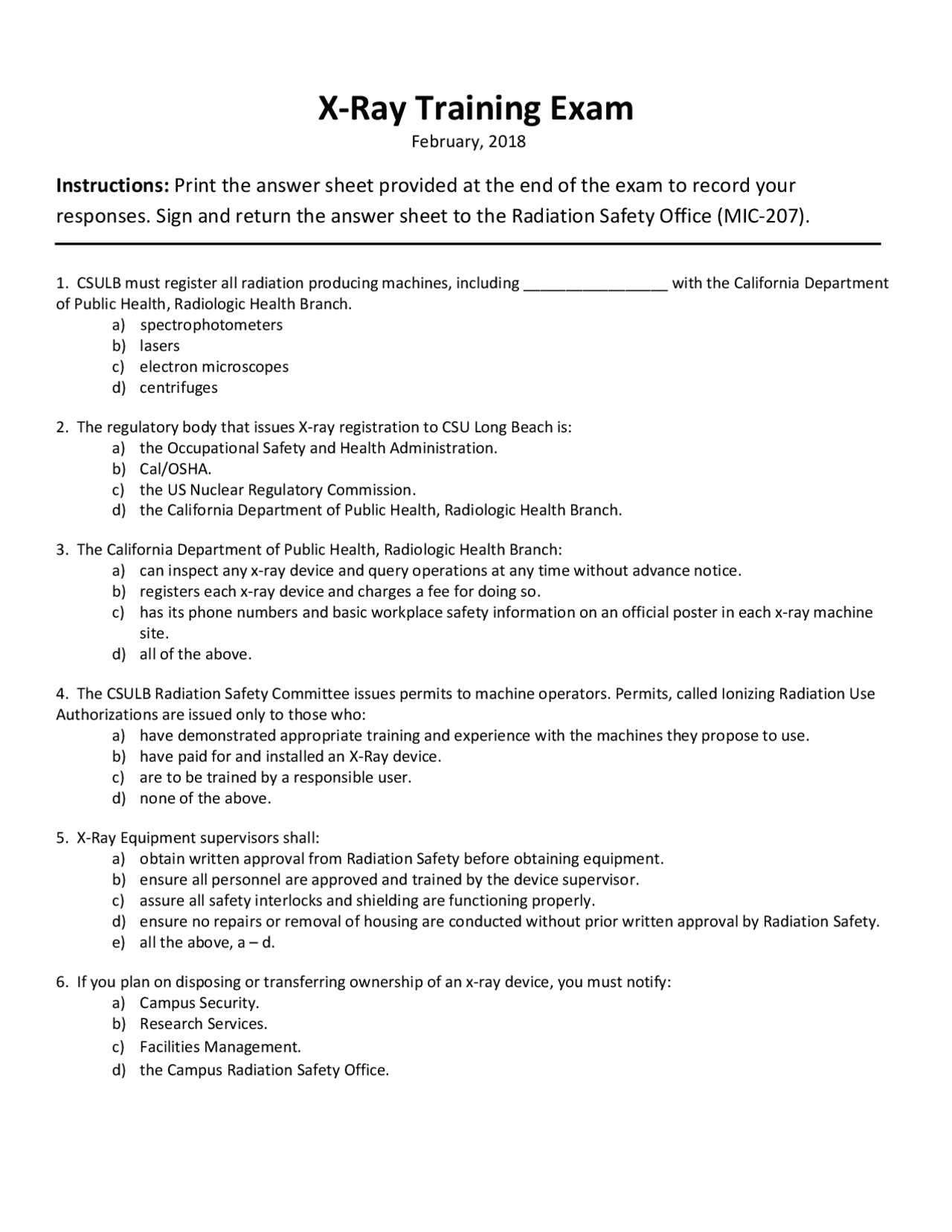 X Ray Module Question X-Ray Radiation Safety Exam | Assignments Public Health | Docsity