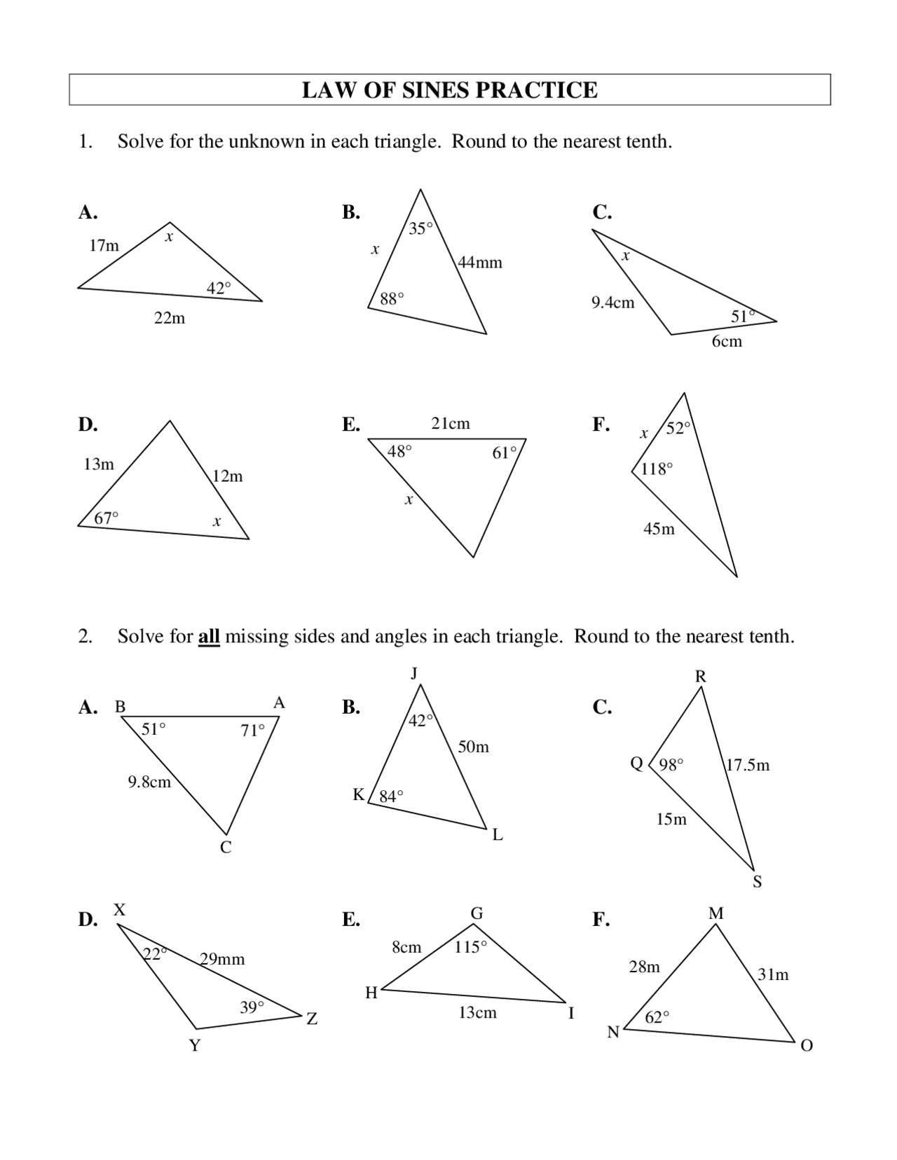 SINE LAW WORKSHEET #1 | Study notes Law | Docsity