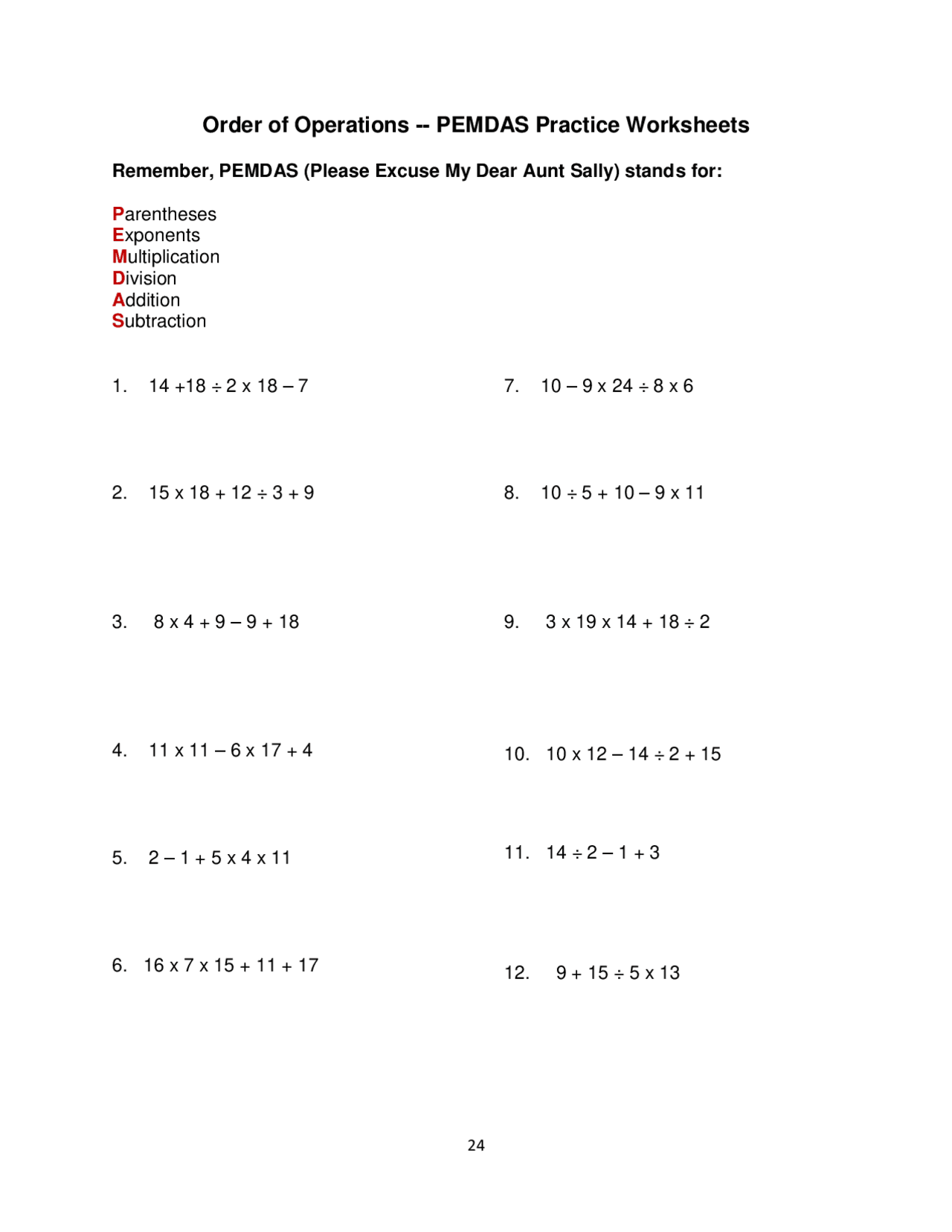 Order of Operations -- PEMDAS Practice Worksheets | Study Guides, Projects,  Research Calculus | Docsity
