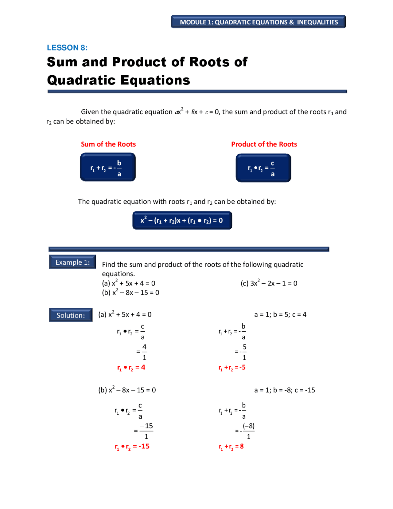 Sum Of The Roots Sum and Product of Roots of Quadratic Equations | Exams Calculus | Docsity