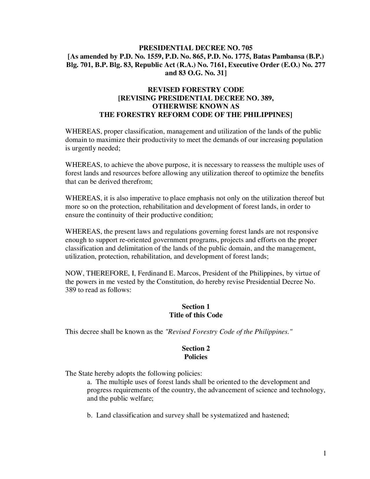 Presidential Decree Example PRESIDENTIAL DECREE NO | Lecture notes Forestry | Docsity